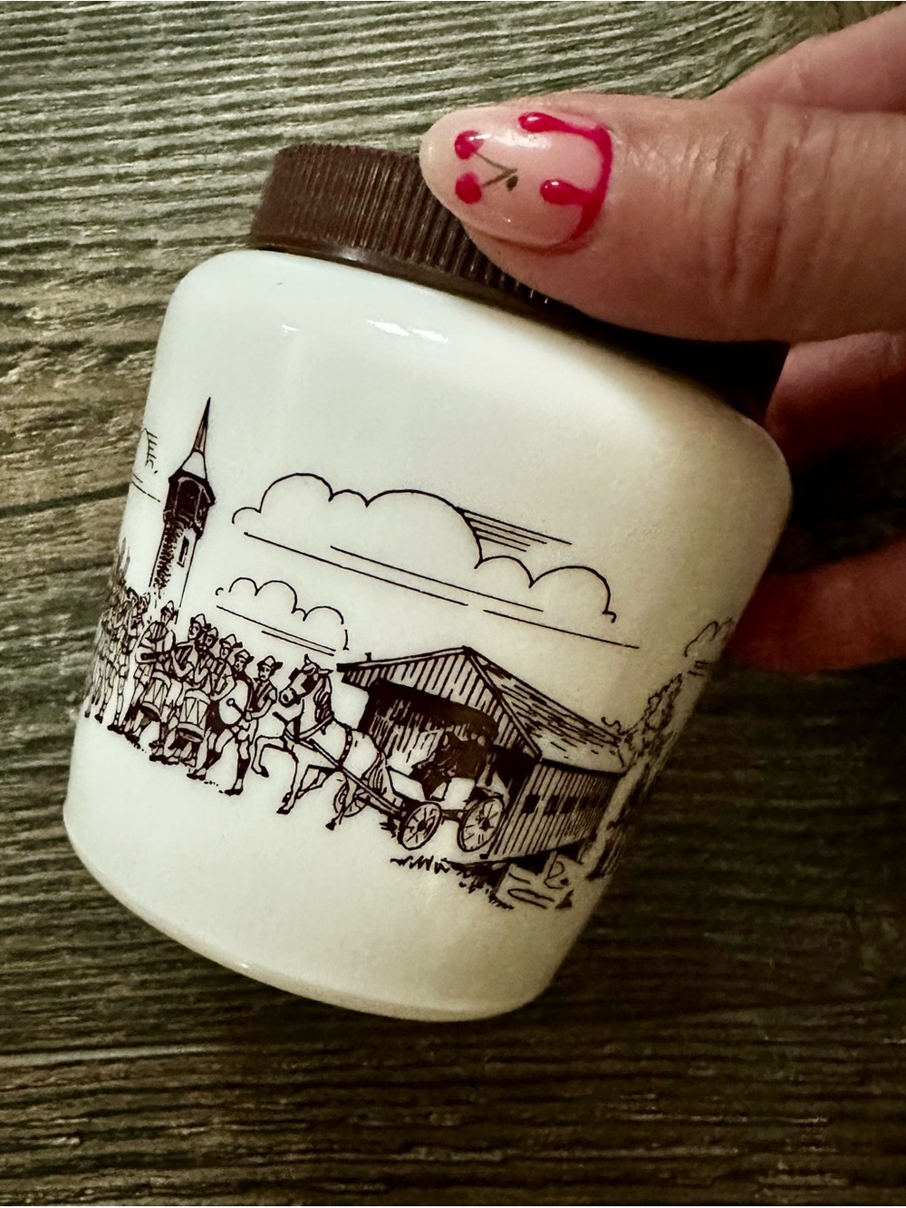 Vintage (1970) milk glass mustard jar w/Oktoberfest parade scene & plastic Lid